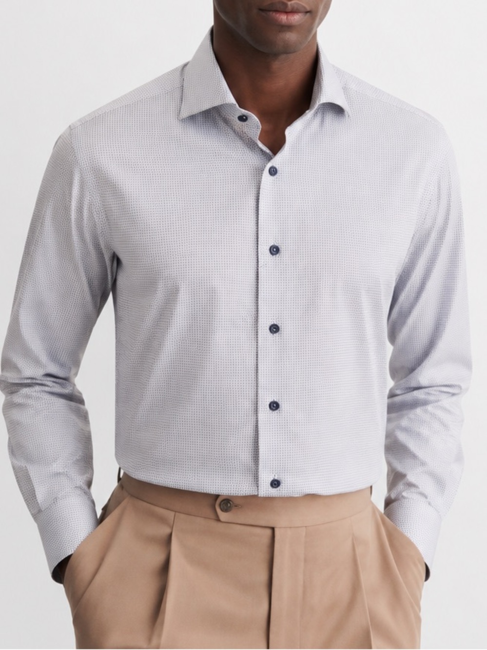 Eton Light Gray Microdot Shirt with Navy Buttons